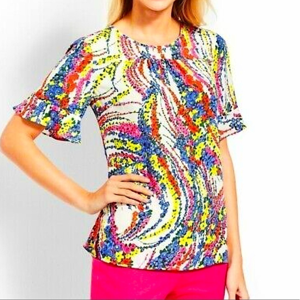 TALBOTS oversized Floral swirl vibrant Ruffled Sleeve Flowy Blouse womens sz SP